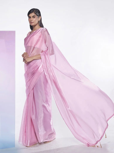 Captivating Pink Organza Reception Wear Plain Saree With Blouse